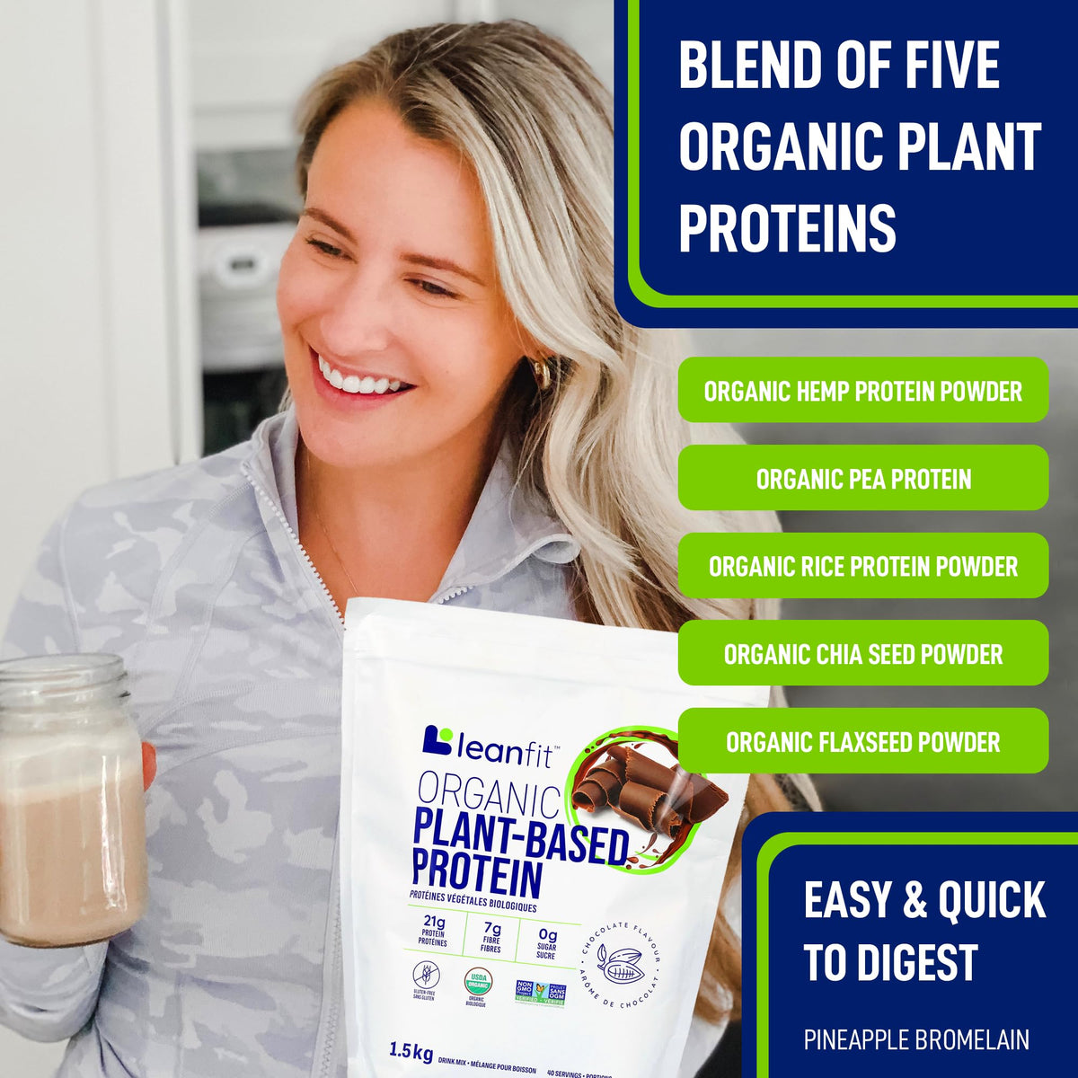 LeanFit Organic Plant-Based Protein, Natural Chocolate, 1.5 kg