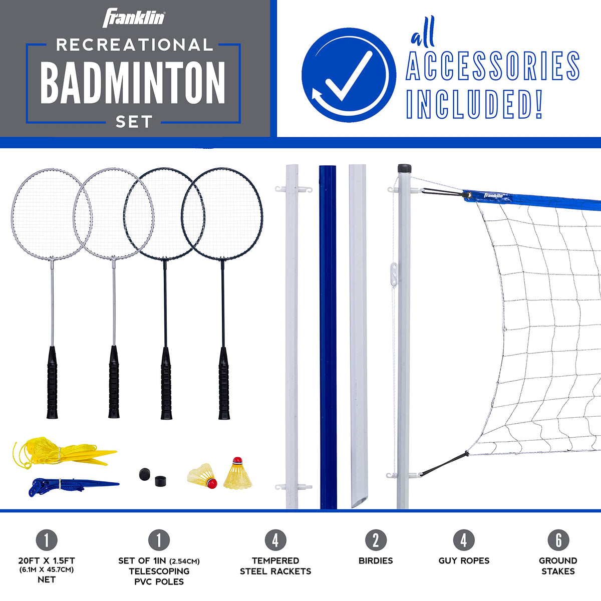 Franklin Sports Badminton Set with Net and 4 Racquets