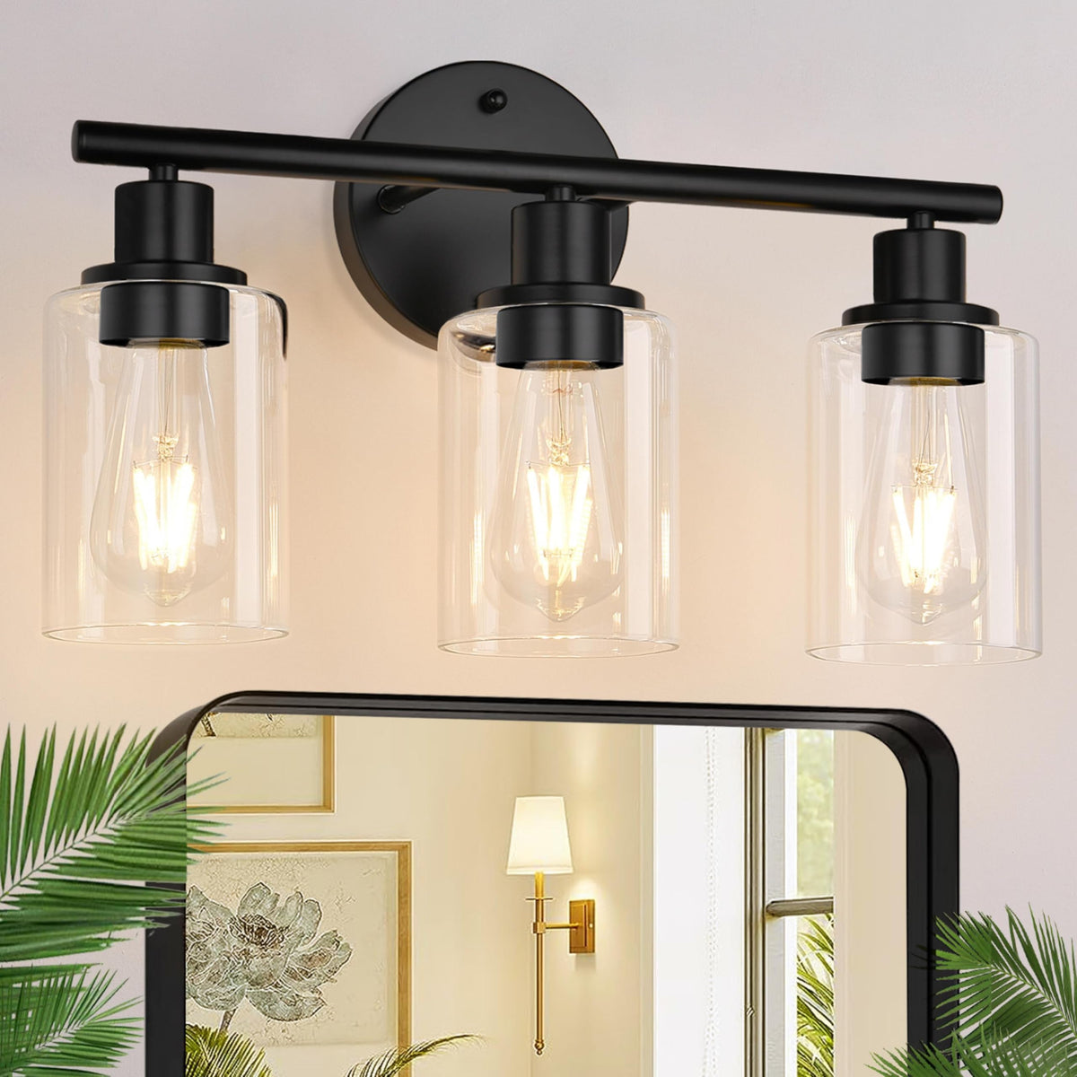 3-Light Black Bathroom Vanity Light with Clear Glass