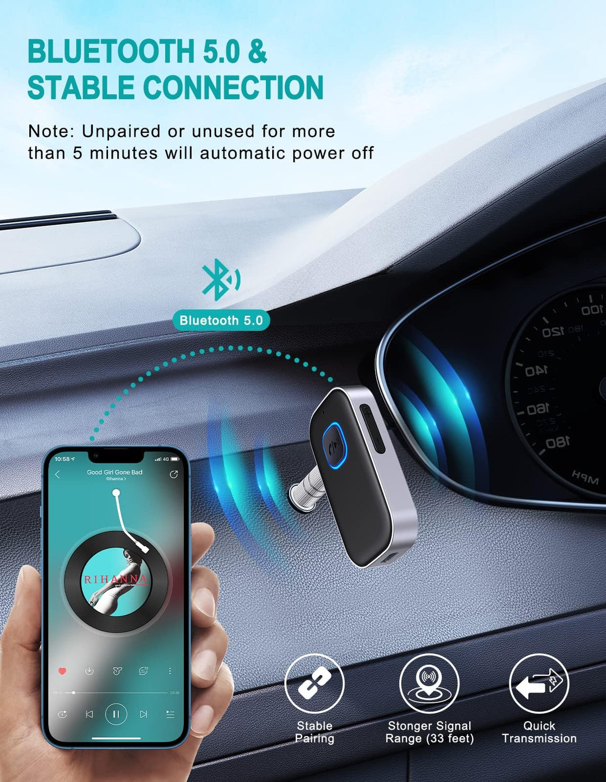 WOCBUY Bluetooth Car Adapter, 3.5mm AUX Receiver
