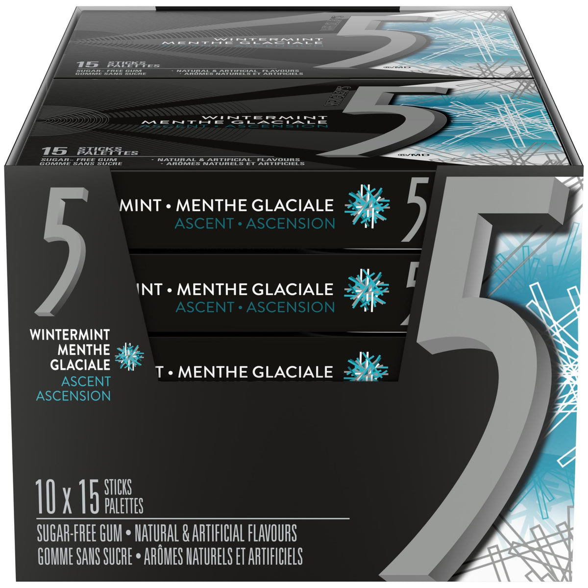5 Gum Wintermint Ascent Sugar-Free Gum, 15 Sticks x 10 Packs