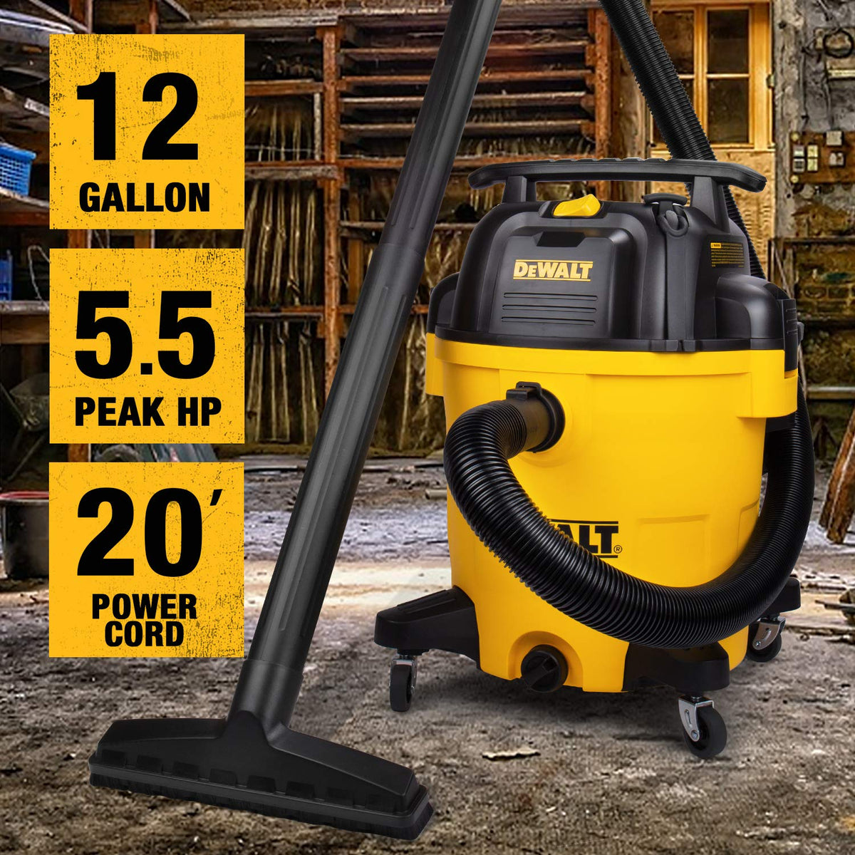 DeWalt 12 Gallon Poly Wet/Dry Vac, 5.5 HP, Yellow, DXV12P