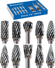 Sworker Carbide Burrs Set, 10Pcs, 1/8" Shank, for Dremel