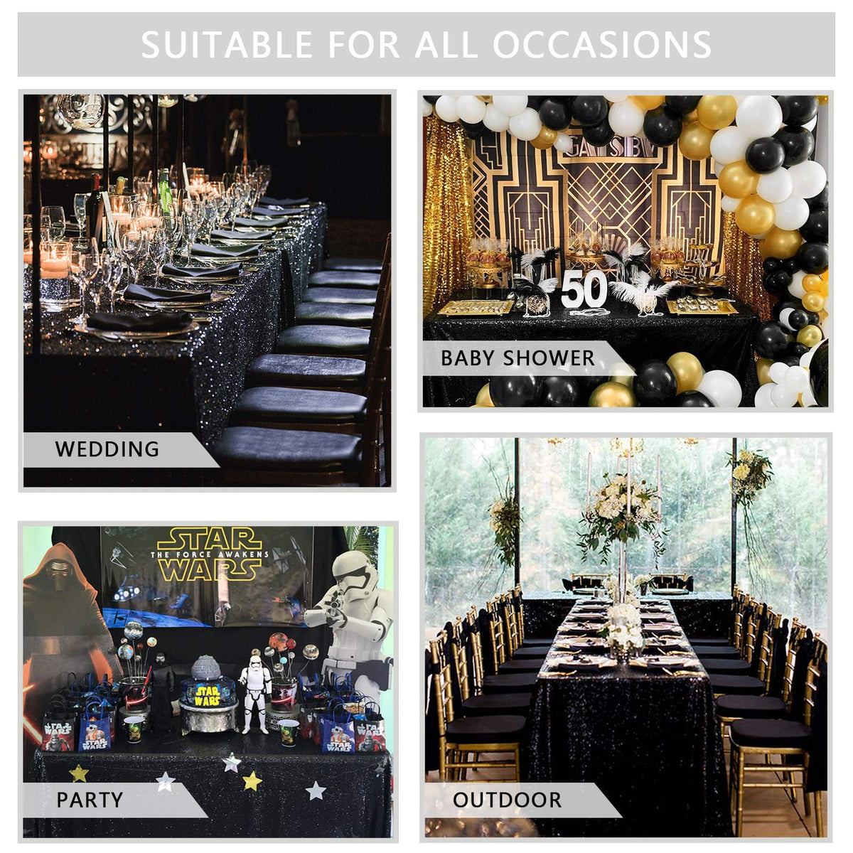 SoarDream Black Sequin Tablecloth, 90x132 Inch