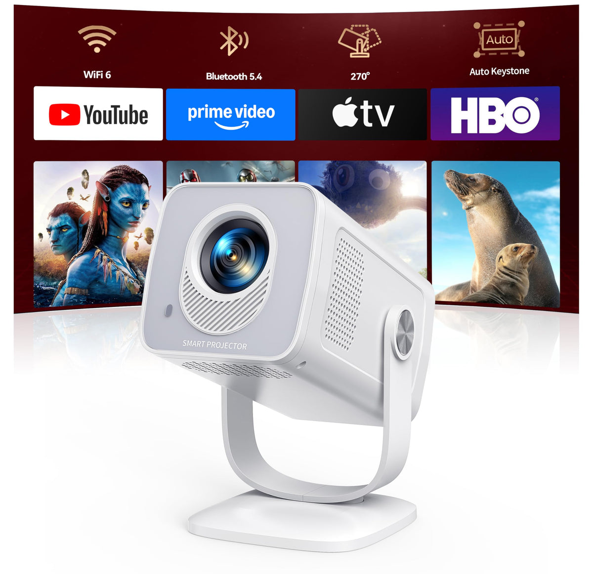 Mini Projector with WiFi 6 & Bluetooth 5.4, 4K Support, White