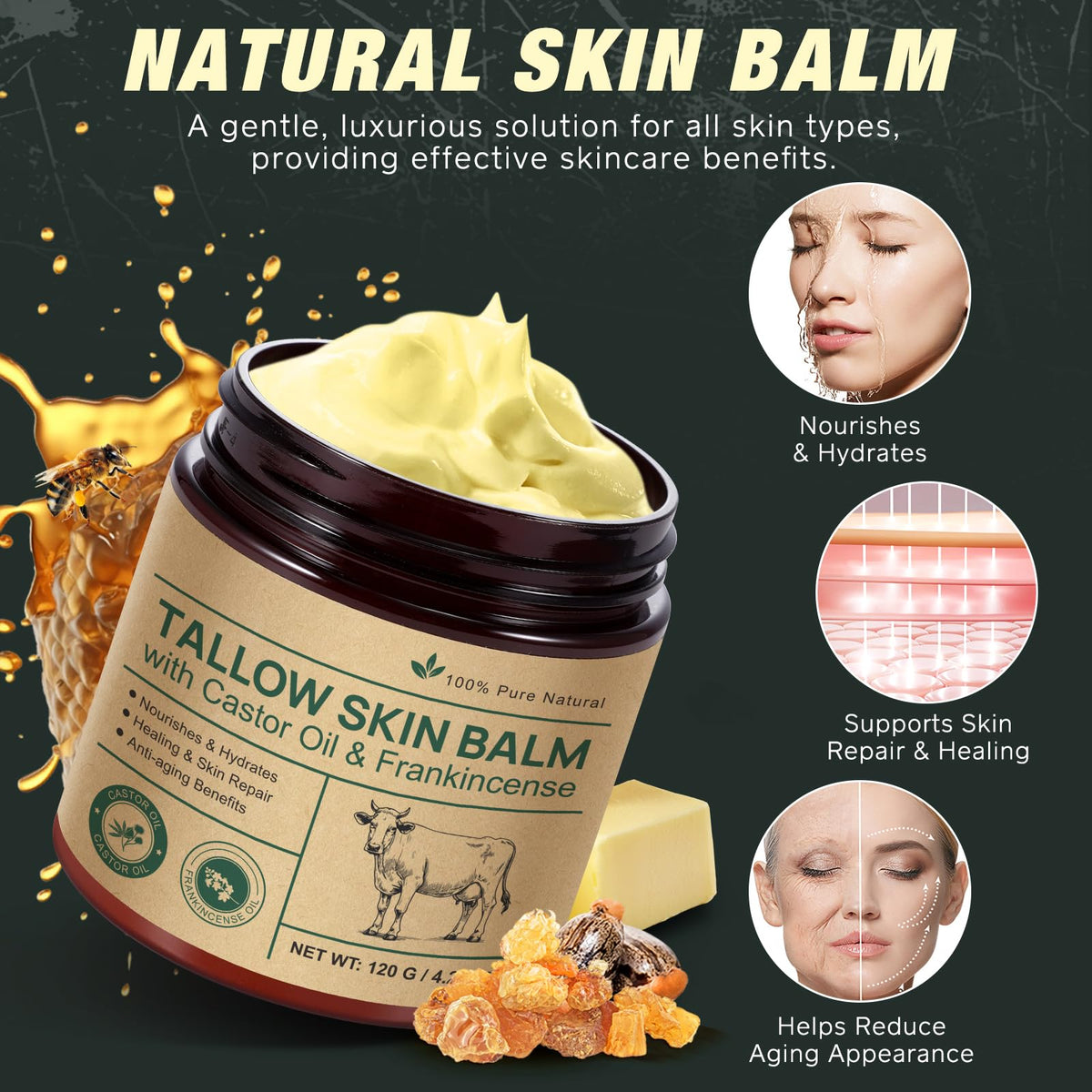 Grass Fed Whipped Beef Tallow Honey Balm, 120 g
