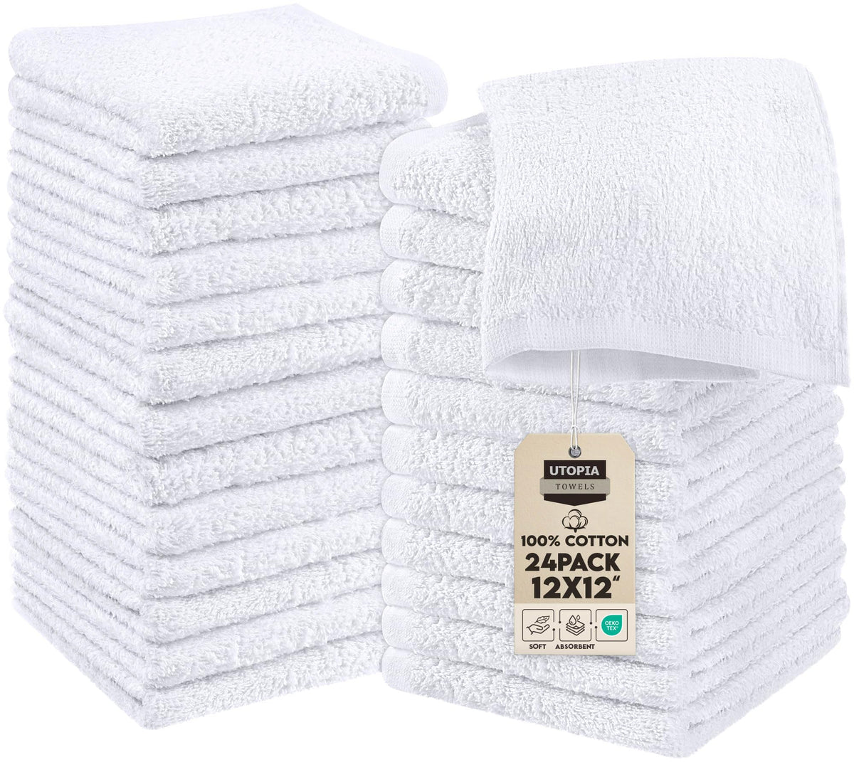 Utopia Towels Cotton Washcloths, 12 x 12 in, White, 24-Pack