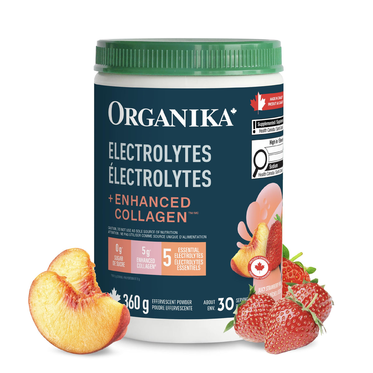 Organika Electrolytes + Collagen Powder, Strawberry Peach, 360 g