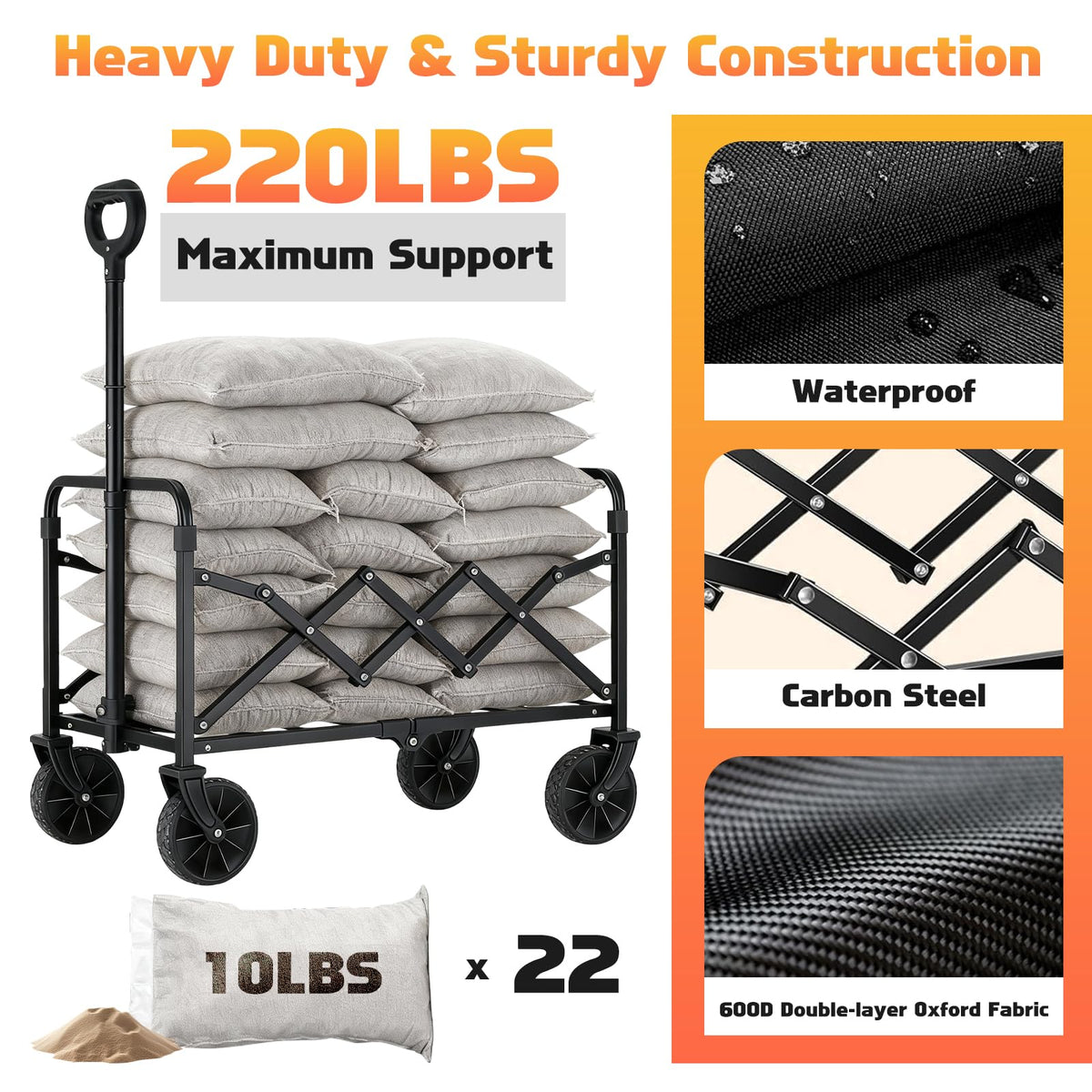 Collapsible Folding Wagon Cart, 220 lb Capacity, Black