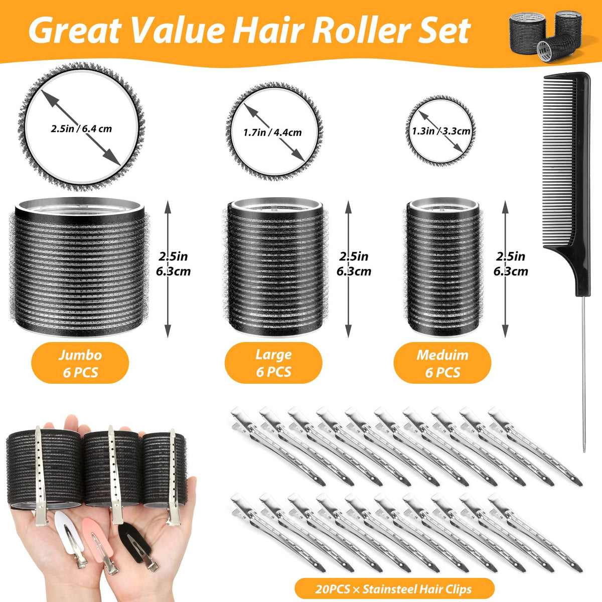 Self Grip Hair Rollers Set, 39PCS, 3 Sizes, with 12PCS Duckbill Clips