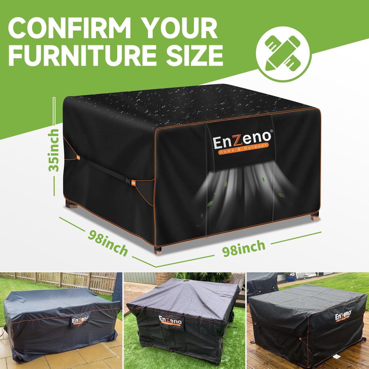 Enzeno Waterproof Rectangular Patio Furniture Cover, 98" x 98" x 35"