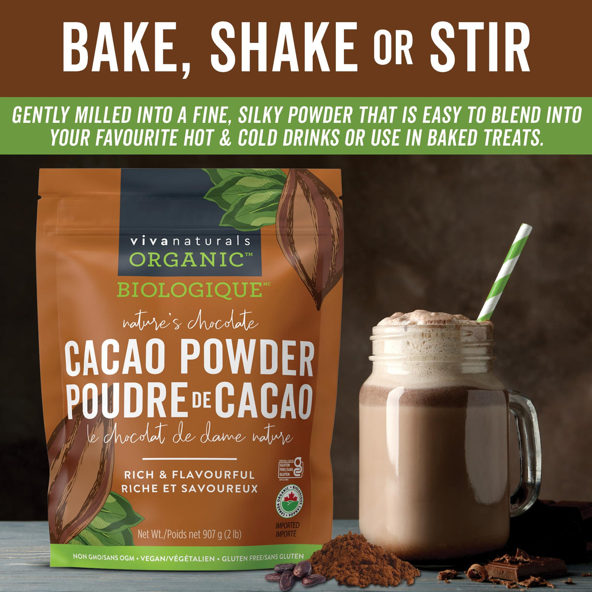 Viva Naturals Organic Cacao Powder, Unsweetened, 907 g