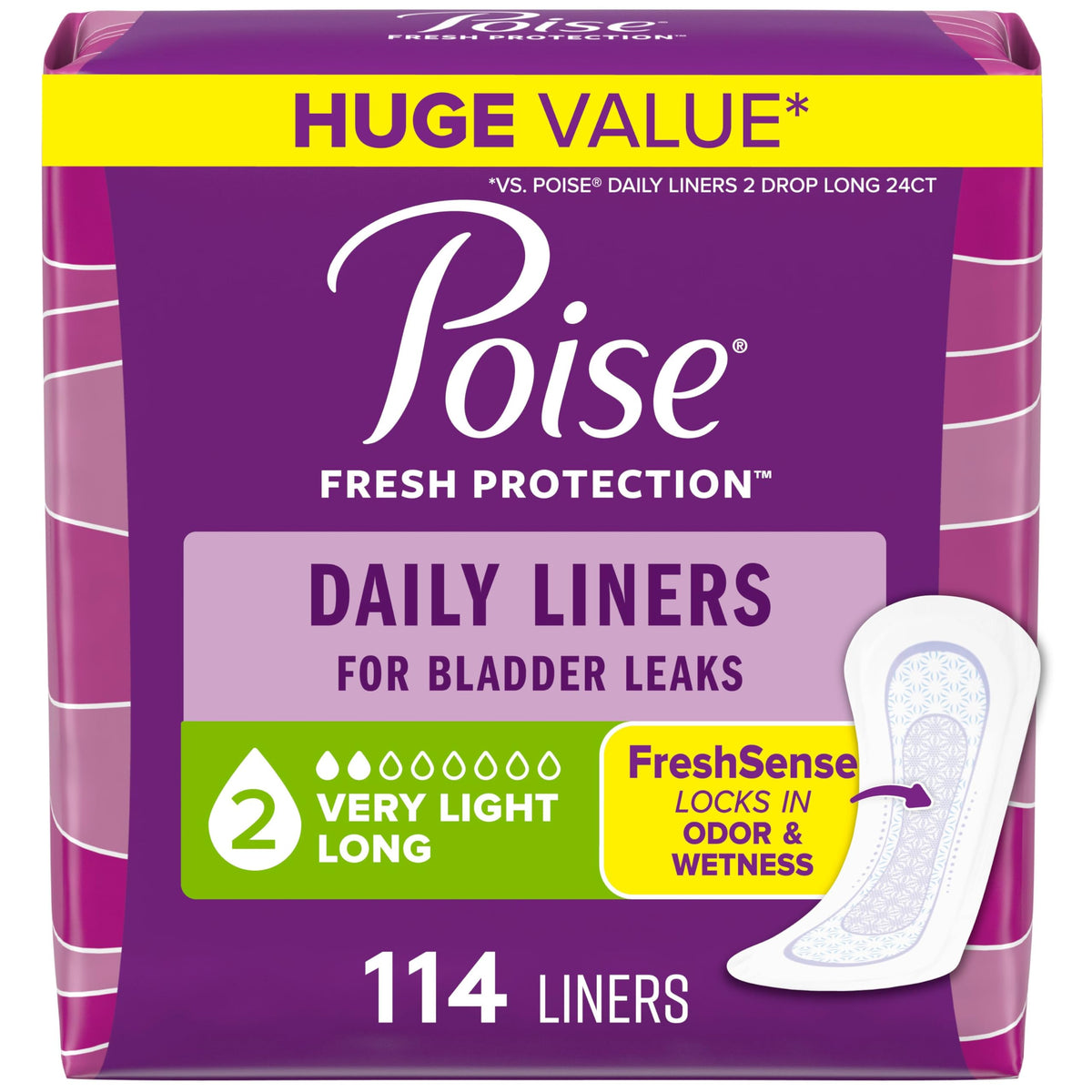 Poise Daily Postpartum Incontinence Panty Liners, Long, 114 Count