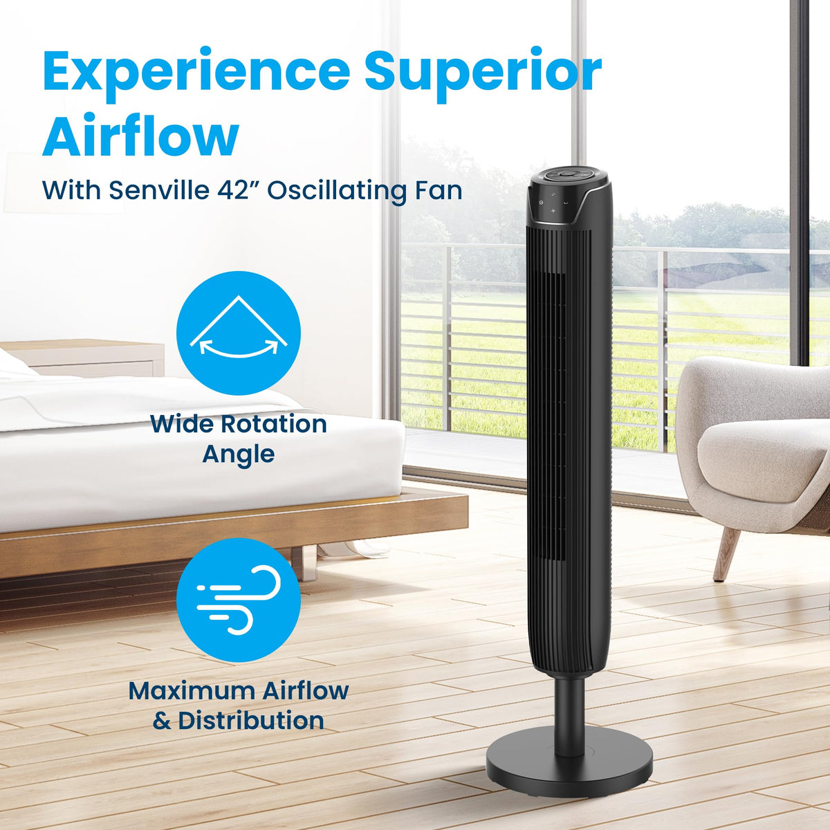Senville 42" Oscillating Tower Fan for Bedroom, Black