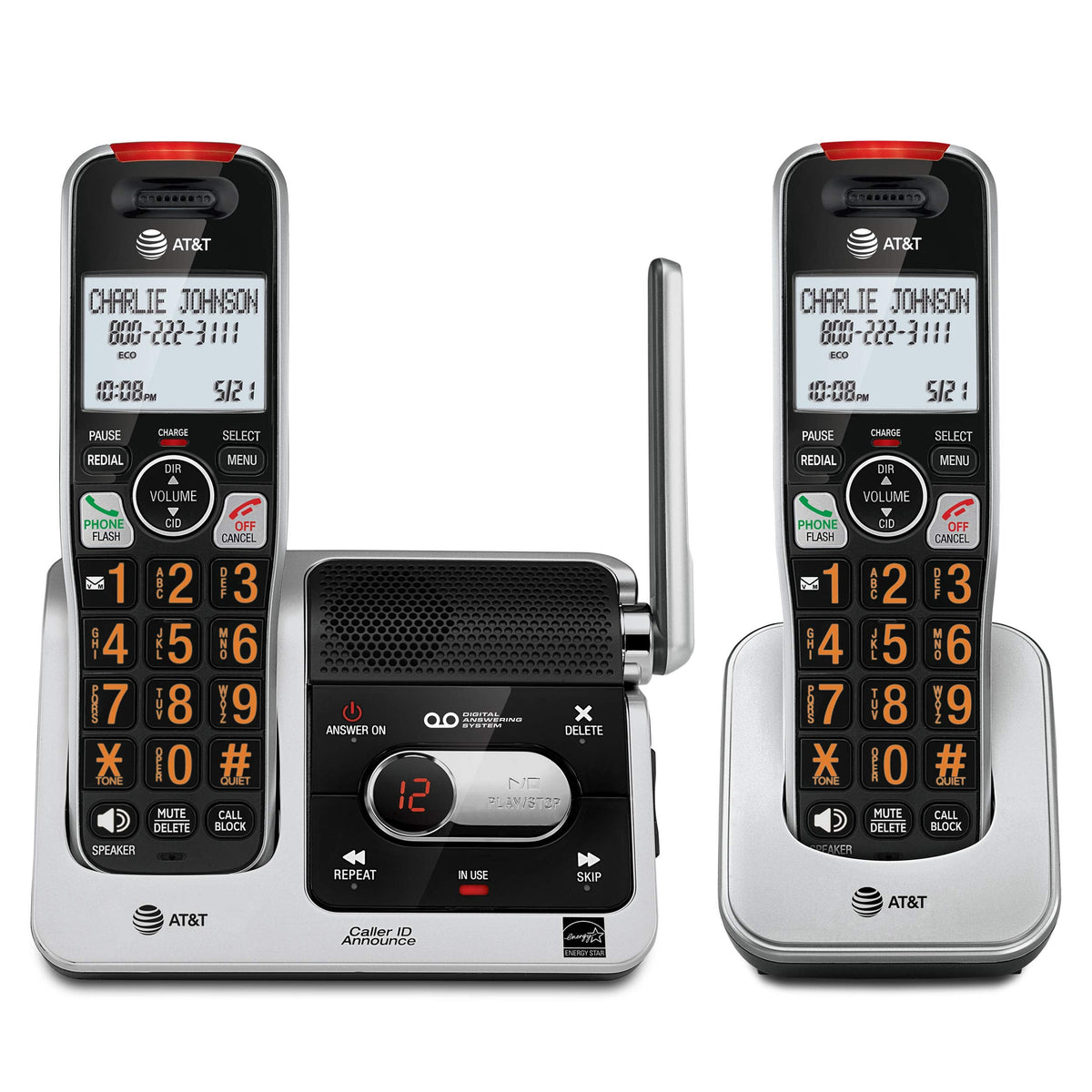 AT&T BL102-2 DECT 6.0 2-Handset Cordless Phone, Silver/Black