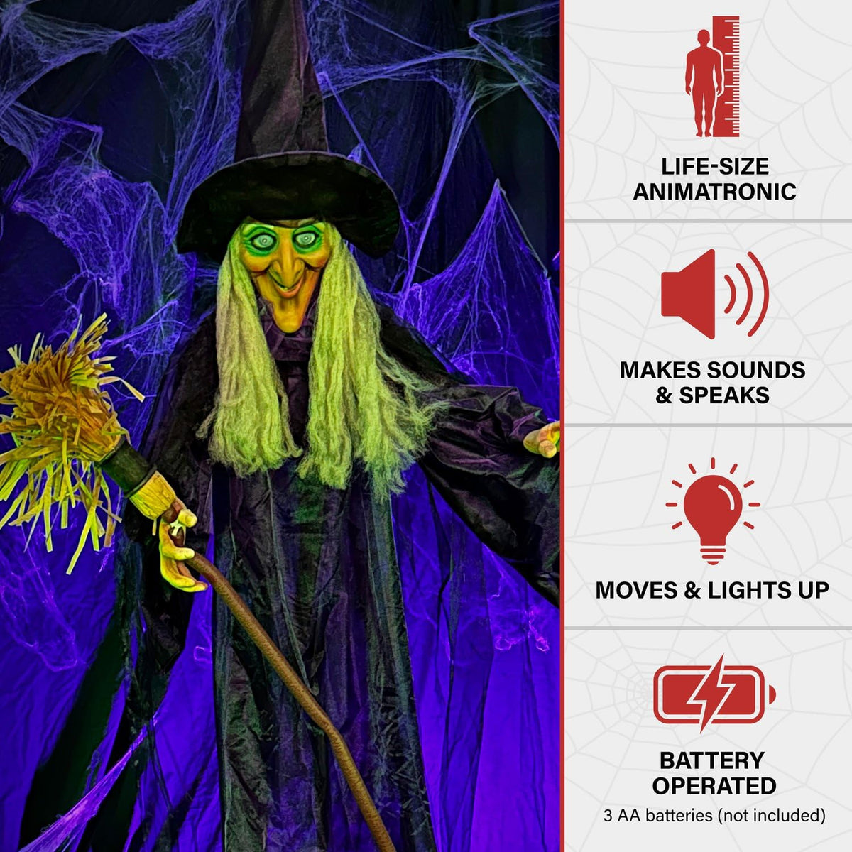 Haunted Hill Farm Life-Size Talking Witch with Broomstick