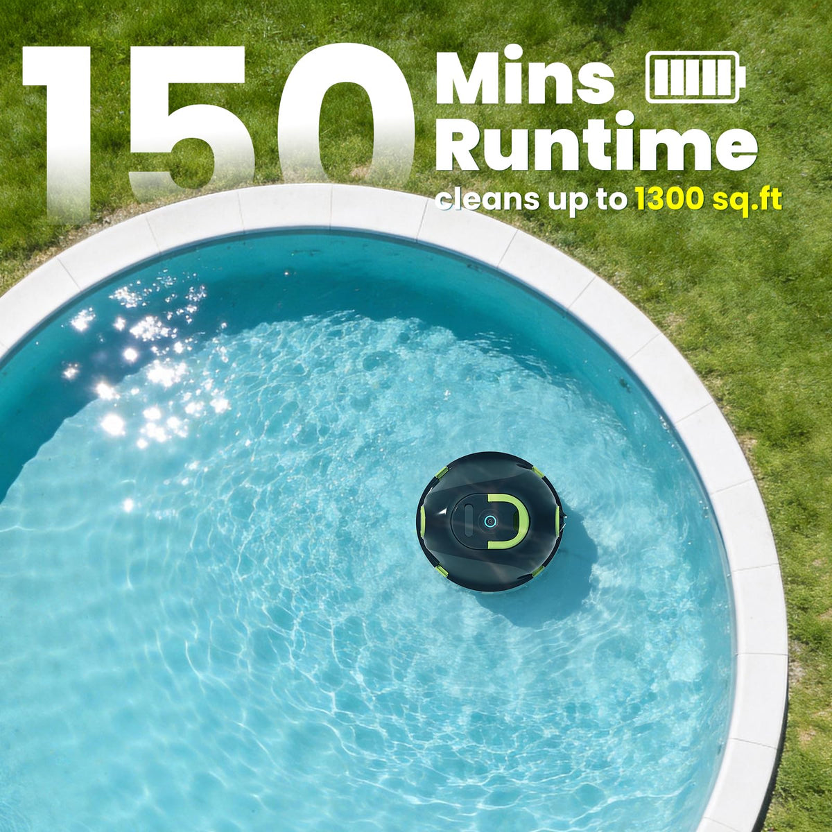 Robotic Cordless Pool Cleaner, Dual Motors, 150 Min Runtime, Moss