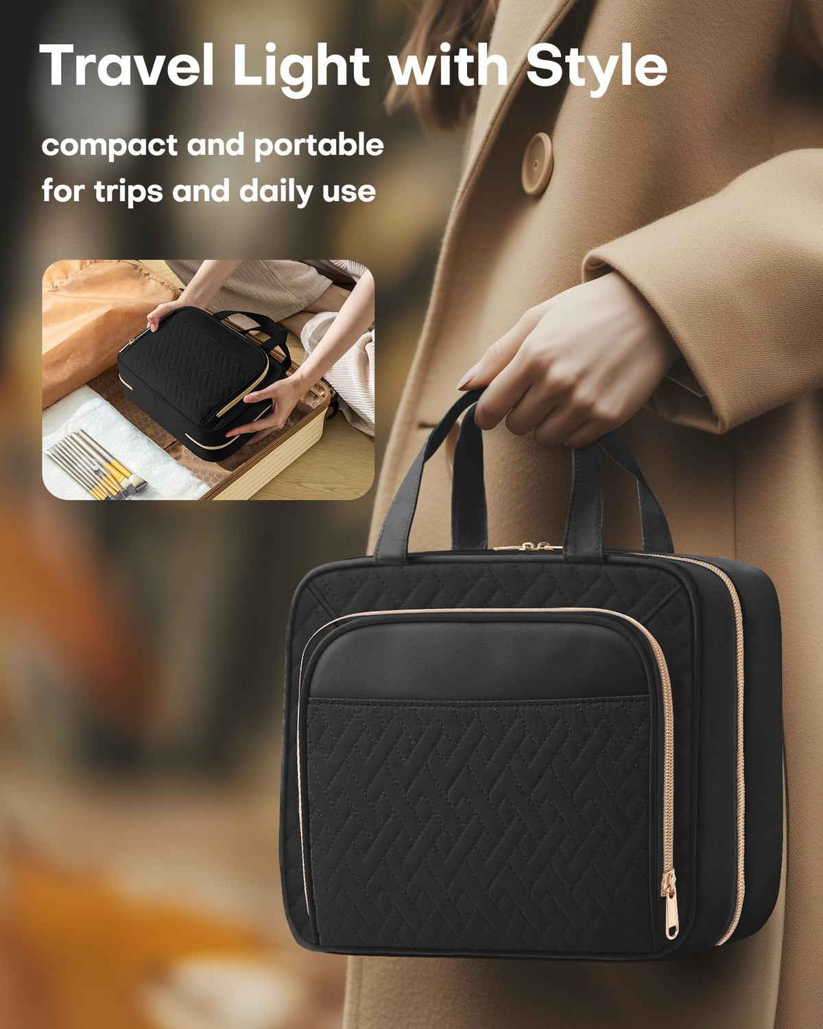 HOTOR Hanging Travel Toiletry Bag, Waterproof, Black, Medium