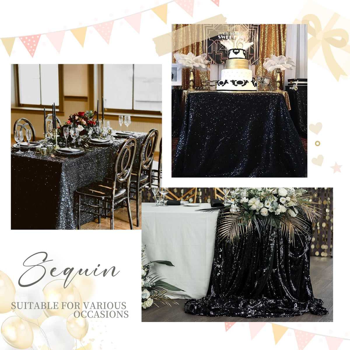 SoarDream Black Sequin Tablecloth, 90x132 Inch