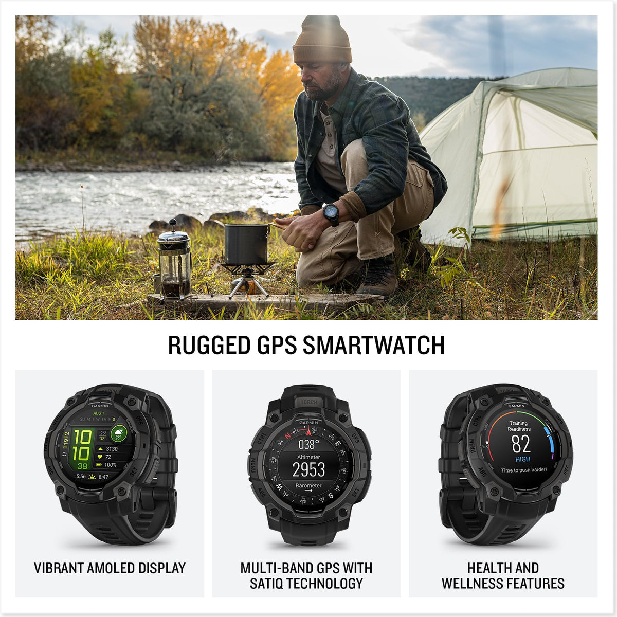 Garmin Instinct 3 AMOLED GPS Smartwatch, Black, 45mm