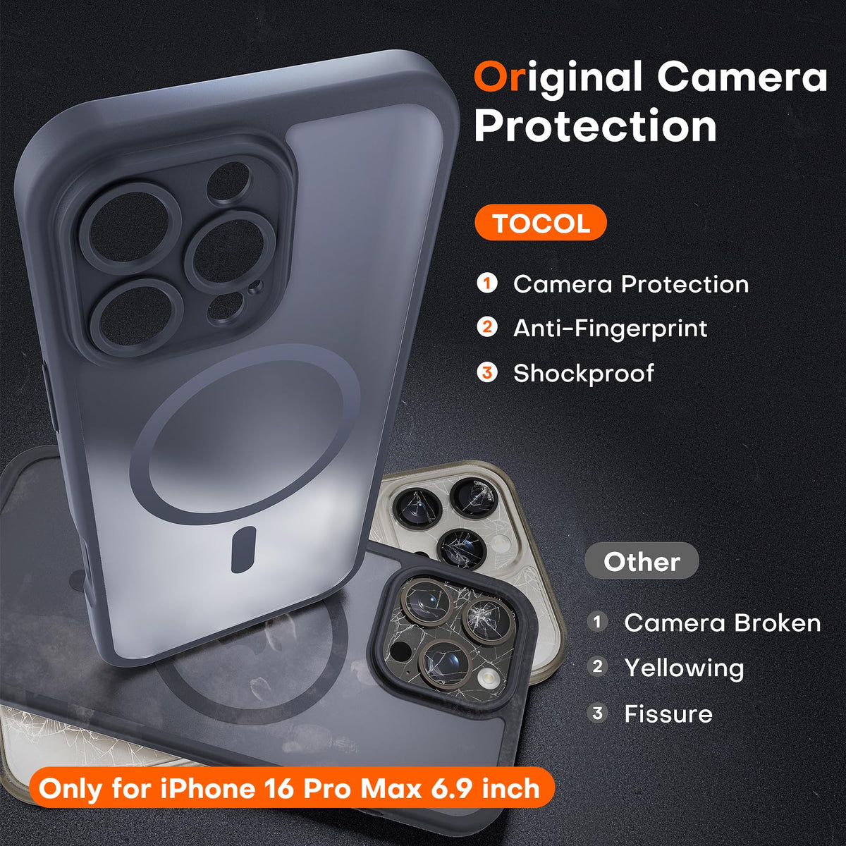 TOCOL Magnetic Case for iPhone 16 Pro Max, MagSafe, 6.9 Inch, Black