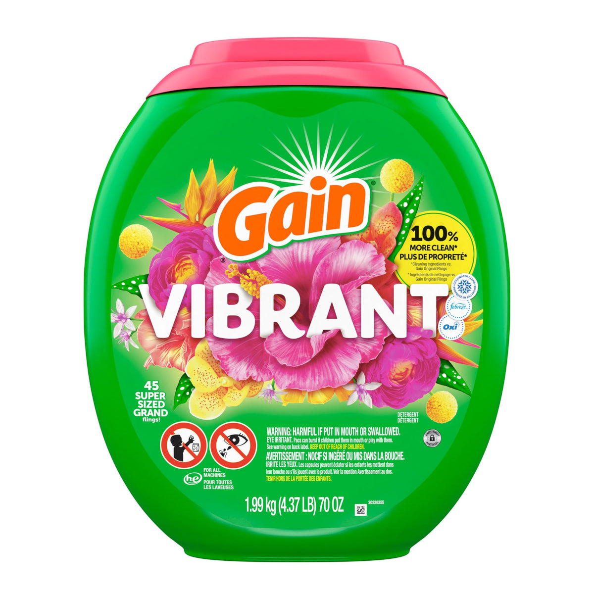 Gain Super Flings Laundry Detergent Pacs, Vibrant, 45 Count