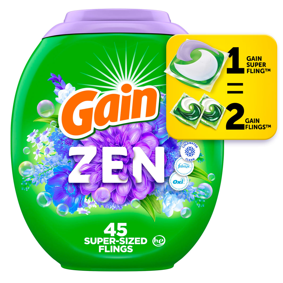 Gain Super Flings Laundry Detergent Pacs, Zen, 45 Count
