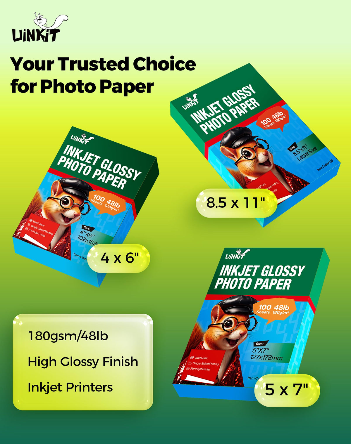 Uinkit Glossy Inkjet Photo Paper, 8.5" x 11", 100 Sheets