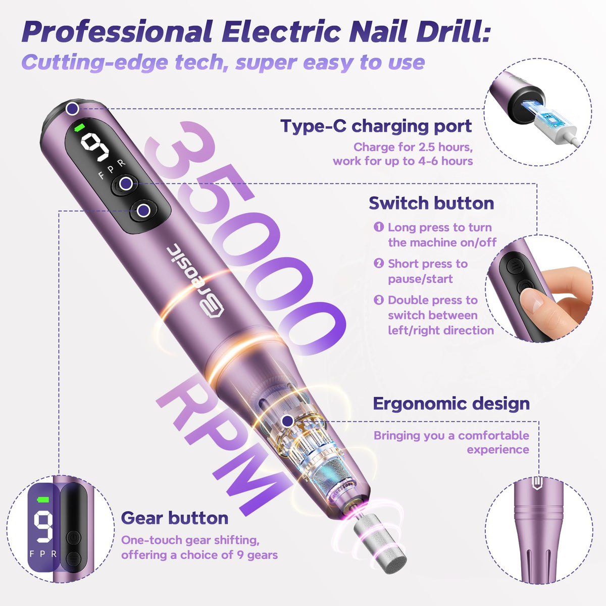 Breosic Electric Nail Drill 35000RPM, 12-in-1, Purple