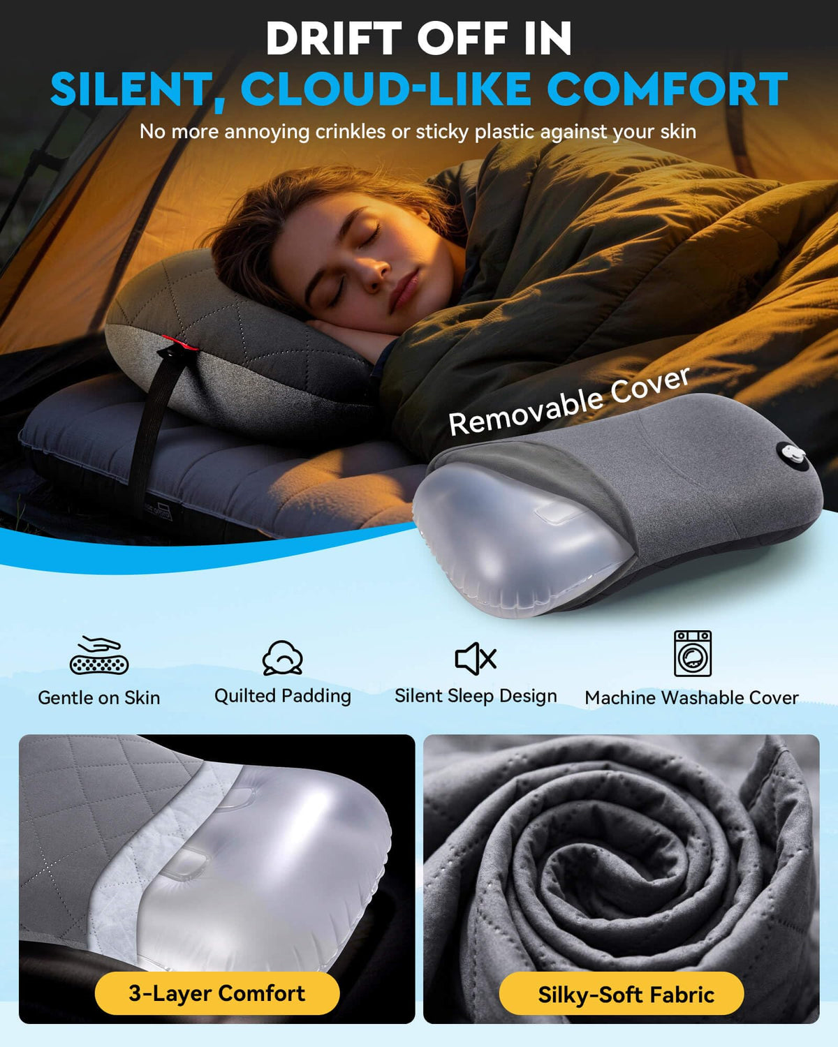 Hikenture Ultralight Inflatable Camping Pillow, Grey