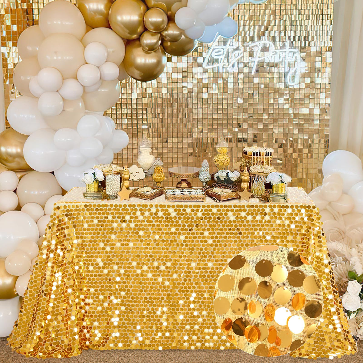 B-Cool Gold Sequin Tablecloth, 50x102 Inch, Rectangle