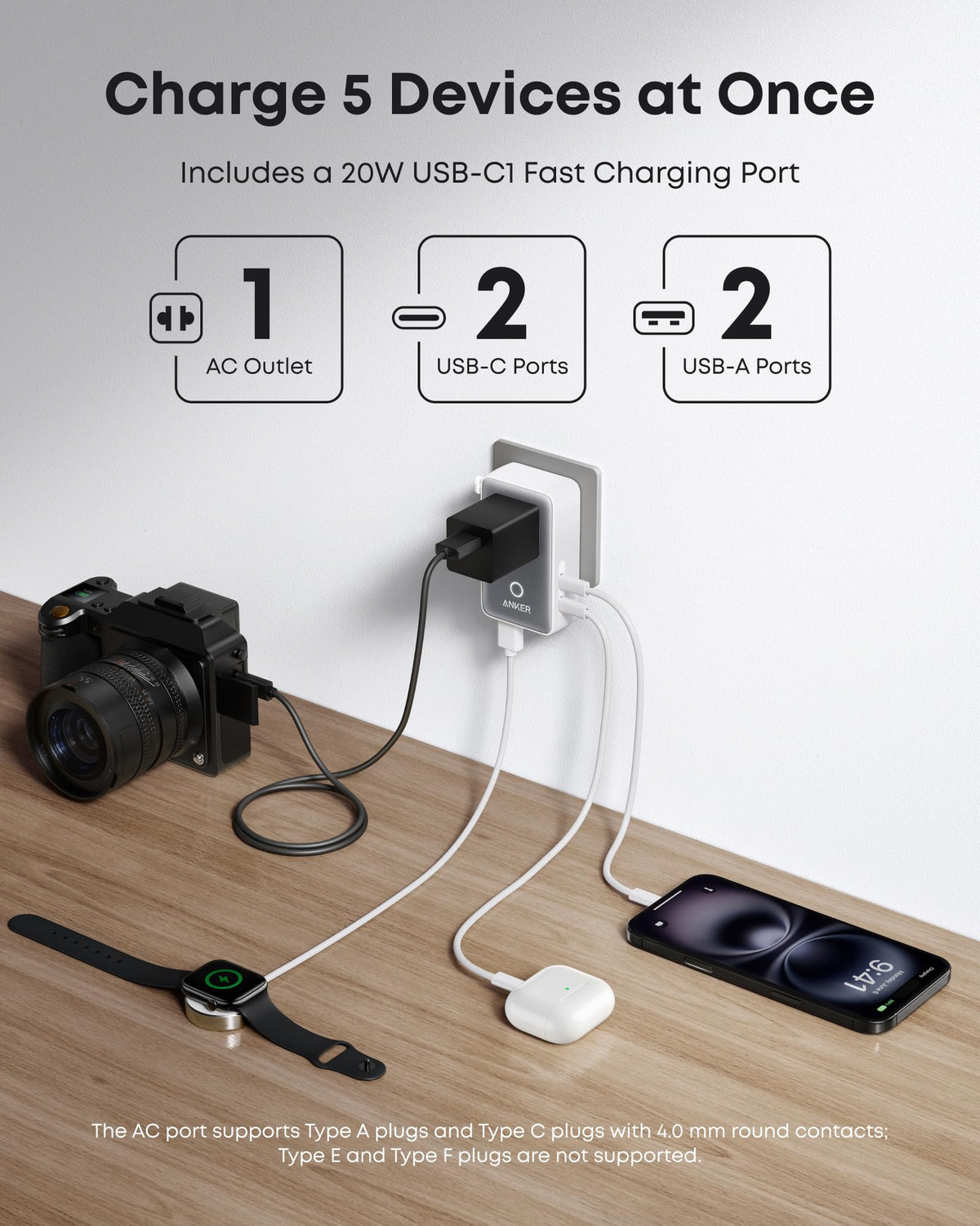 Anker Nano European Travel Plug Adapter, 5-Port, White