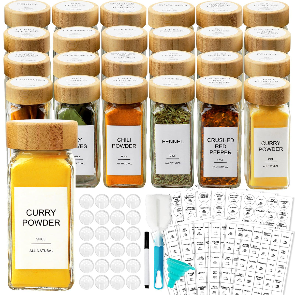 AISIPRIN Glass Spice Jars with Bamboo Lids & Labels, 4 oz (24 Pack)