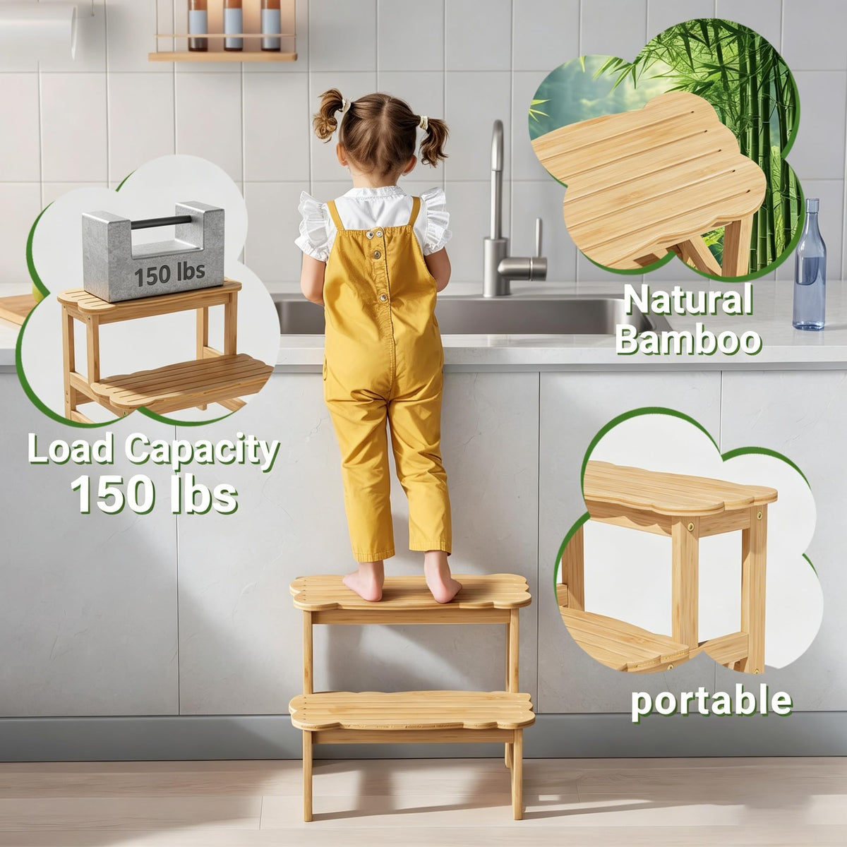 Cosyland Bamboo Step Stool for Kids, 2 Pack, Natural