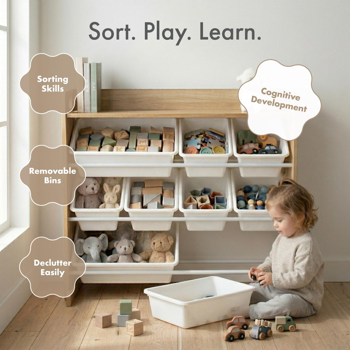 Humble Crew Toy Storage Organizer with 9 Removable Bins, Natural/White