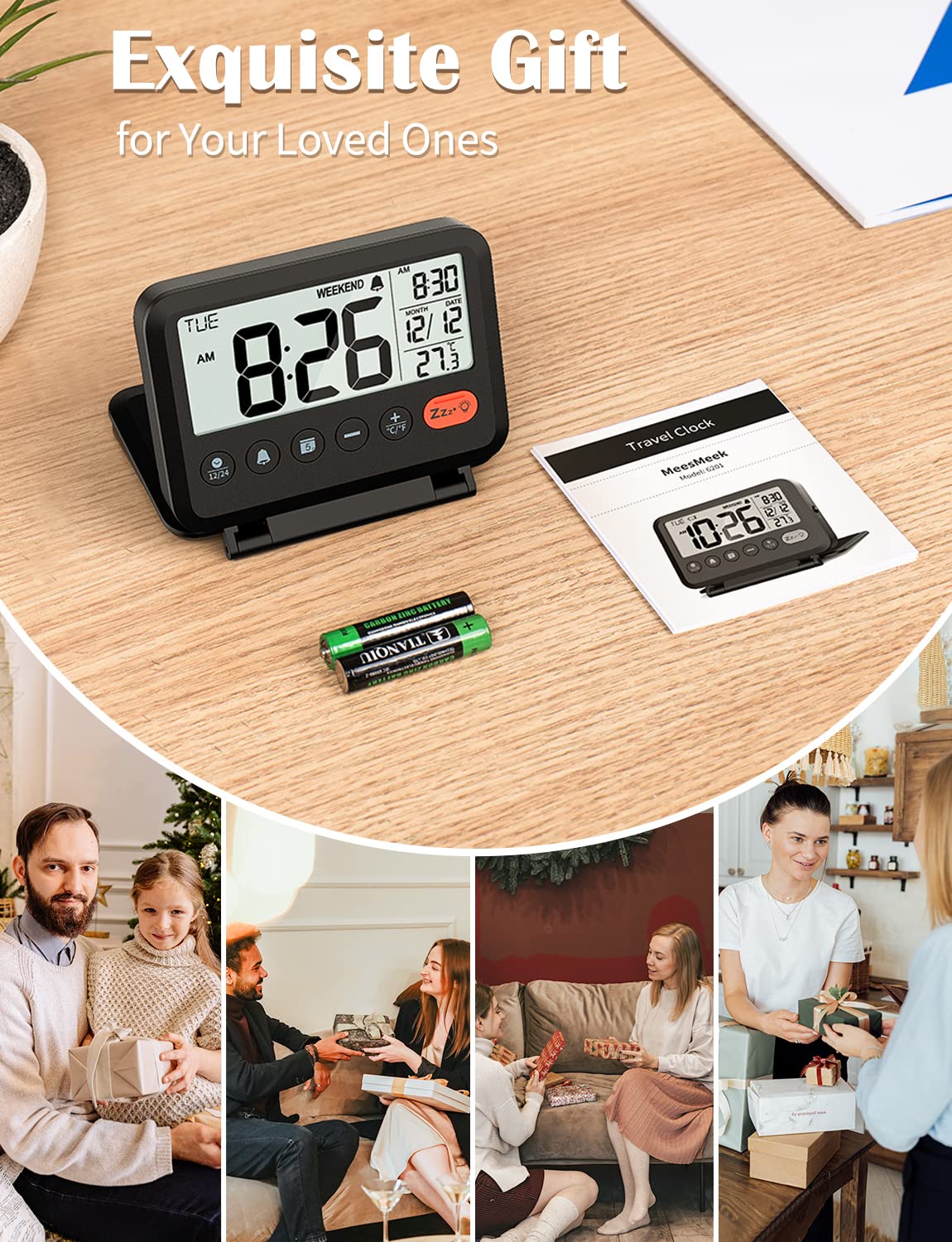 MeesMeek Digital Travel Alarm Clock with Date and Temperature, Black