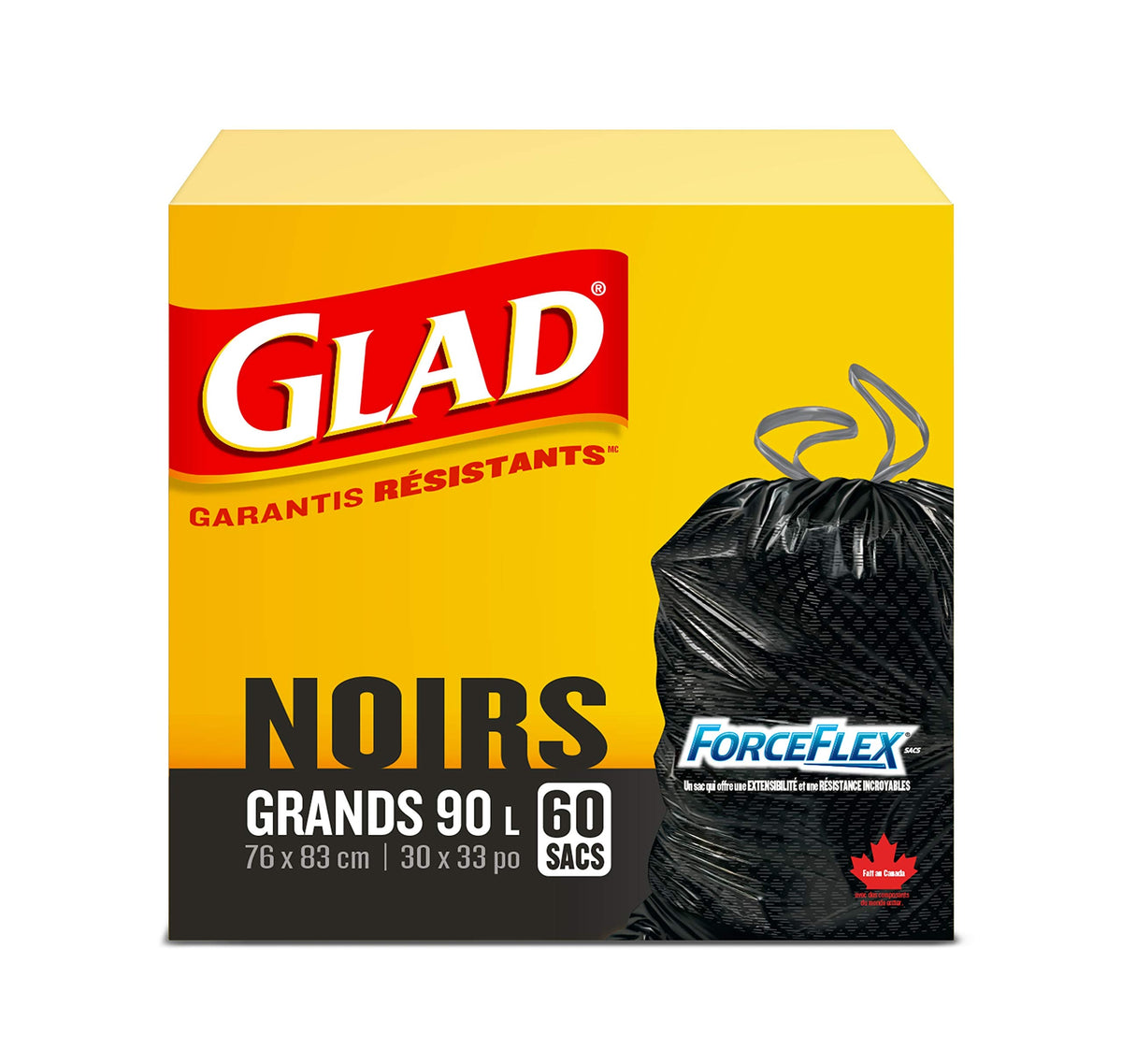 Glad ForceFlex Black Drawstring Garbage Bags, Large, 90 L (60 Count)