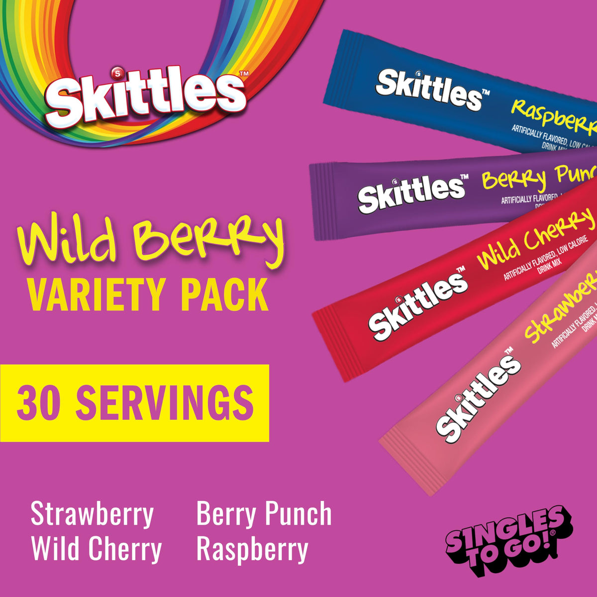 Singles To Go! Skittles Wild Berry Drink Mix Variety Pack, 30 Count