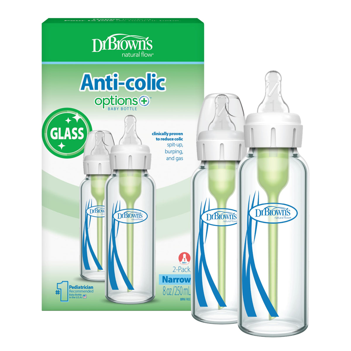 Dr. Brown's Options+ Narrow Glass Baby Bottles, 8 oz (2 Pack)