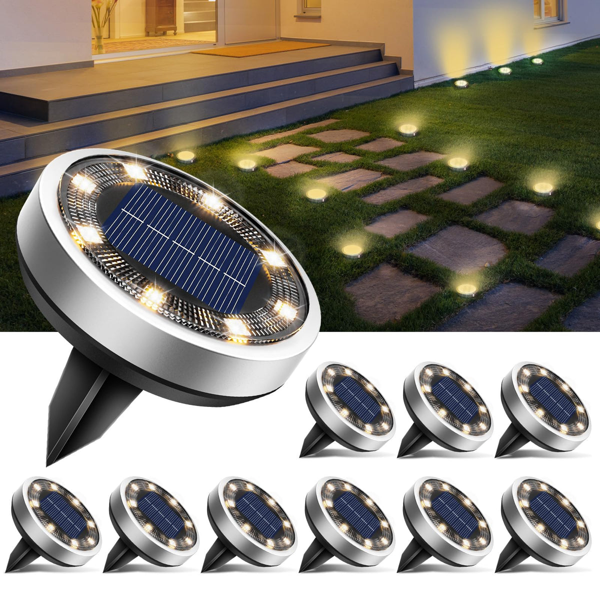 btfarm Solar Ground Lights, 8 LED, Warm White (10 Pack)