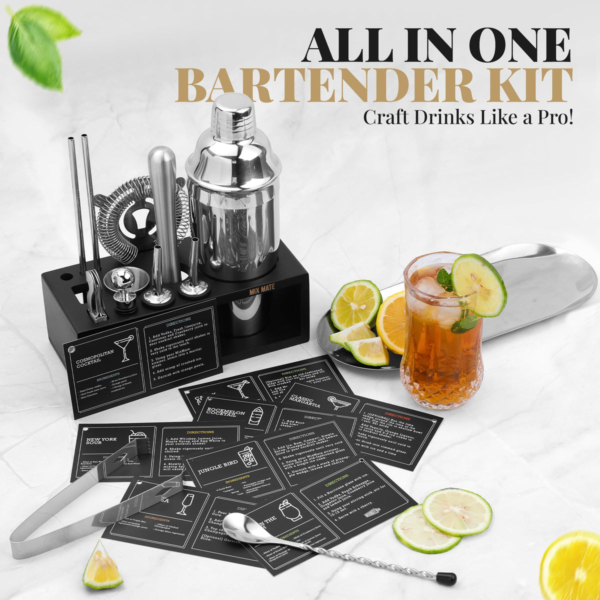 Mixology Bartender Kit with Stand, 15 Piece Bar Tool Set, Silver