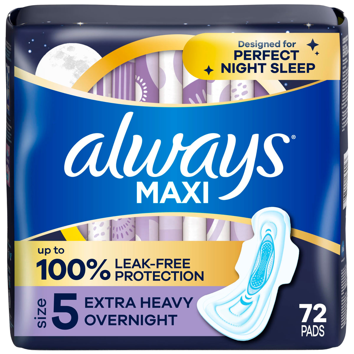 Always Maxi Overnight Pads, Size 5, Extra Heavy, Unscented, 72 Count