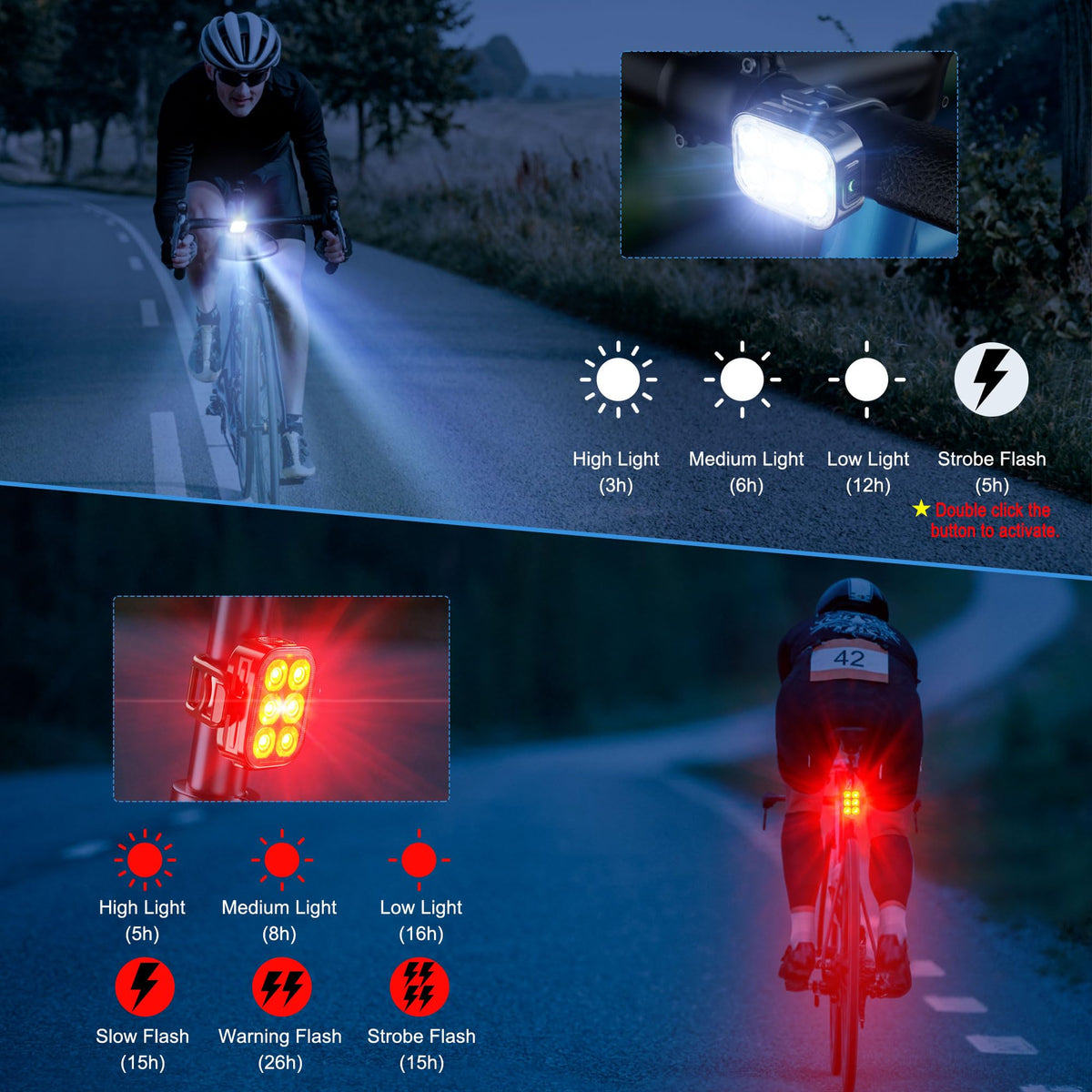 Rechargeable Bike Front & Tail Light Set