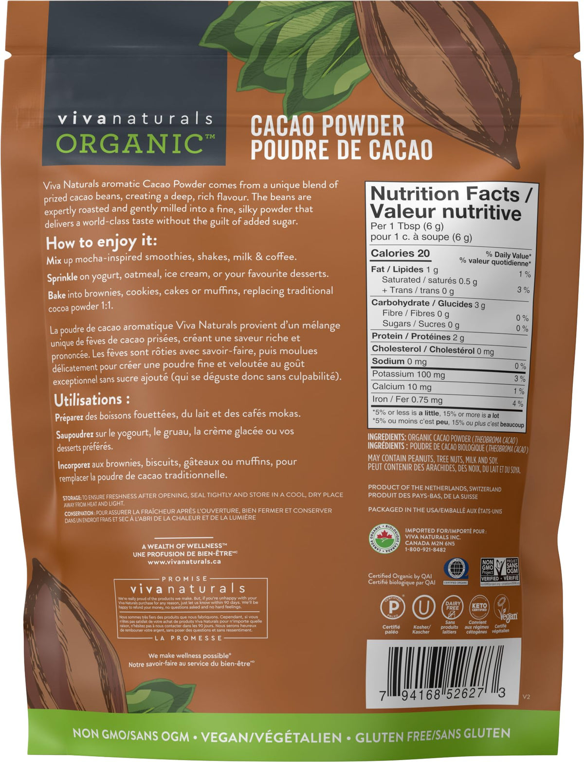Viva Naturals Organic Cacao Powder, Unsweetened, 907 g
