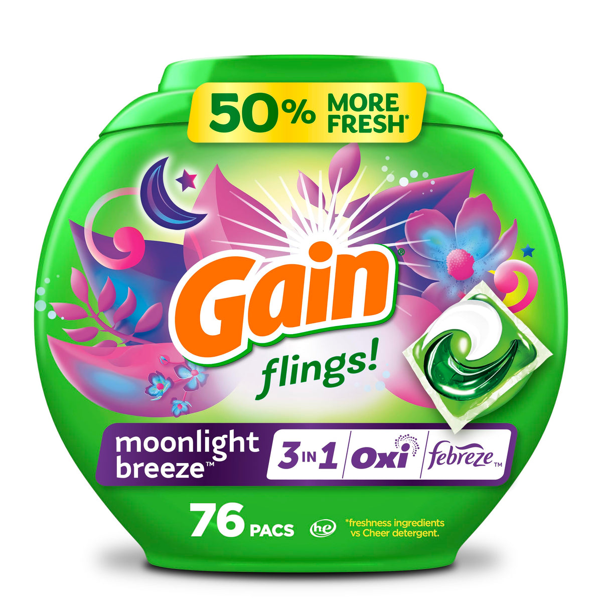 Gain Flings Laundry Detergent Pacs, Moonlight Breeze, 76 Count