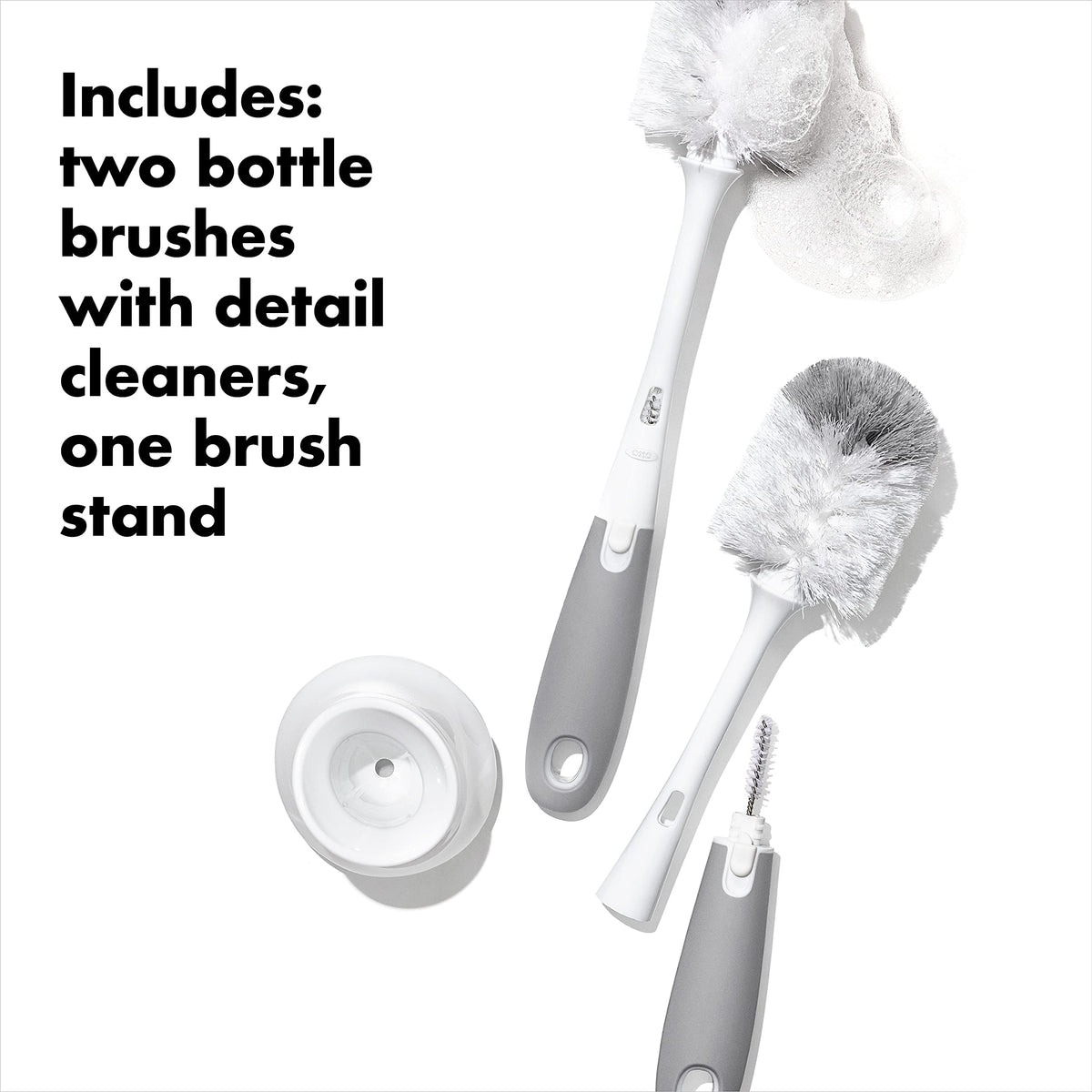 OXO Tot Bottle Brush with Nipple Cleaner & Stand, Grey, 2-Pack