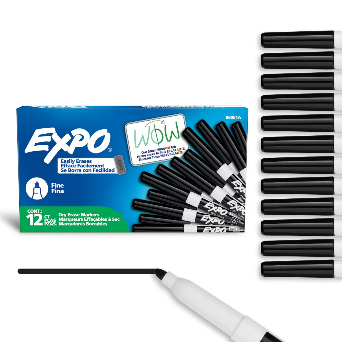 EXPO Low Odour Dry Erase Markers, Black, Fine Tip, 12 Count