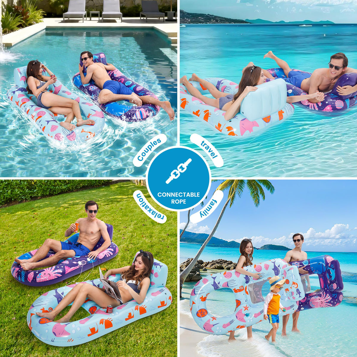 PuppyuWill Inflatable Pool Lounger Floats with Cup Holder (2 Pack)