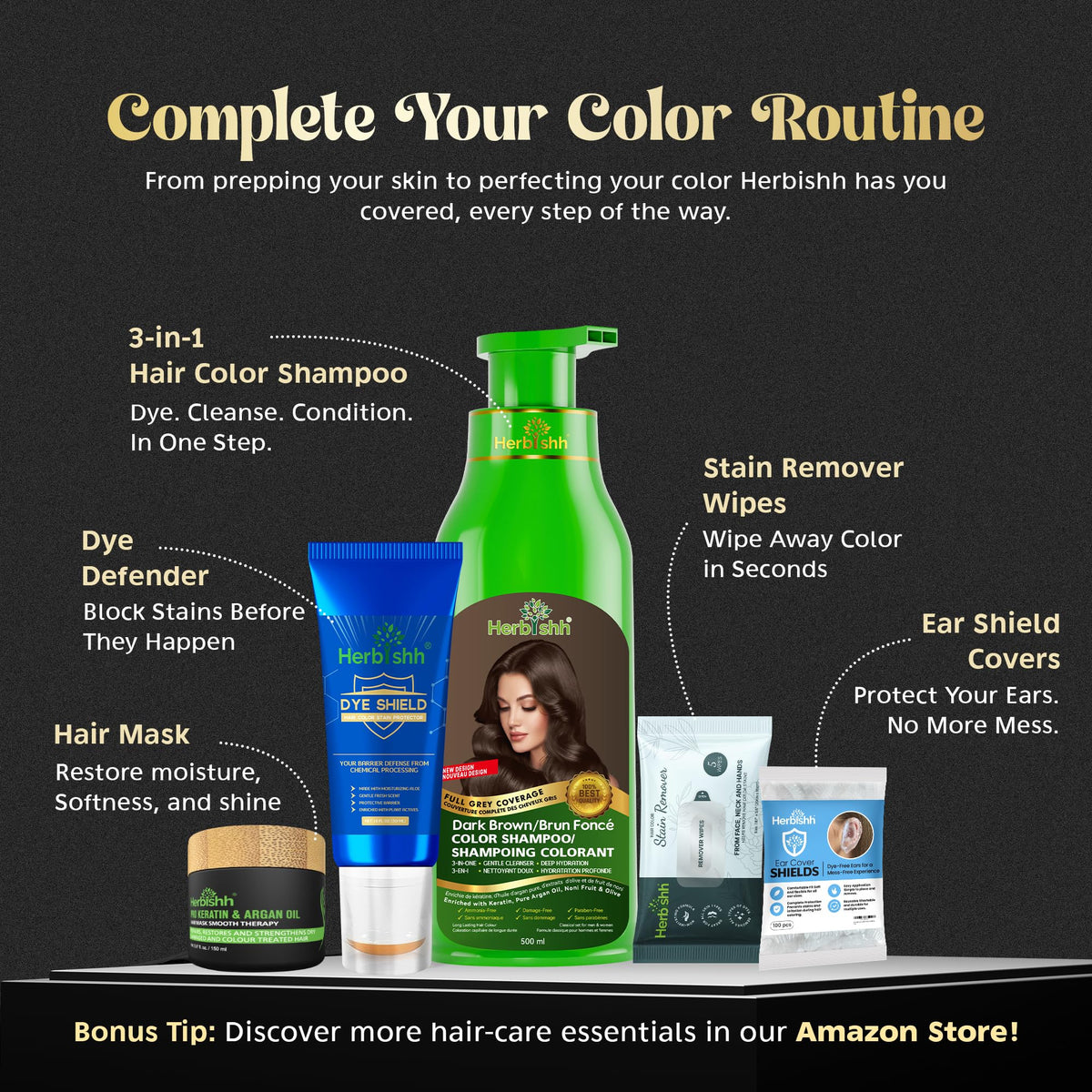 Herbishh 3-in-1 Hair Colour Shampoo, Dark Brown, 500 ml
