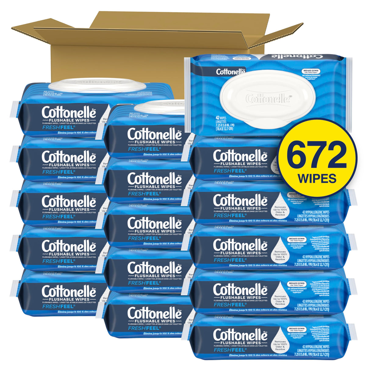 Cottonelle FreshCare Flushable Wet Wipes, 16 Packs of 42, 672 Wipes